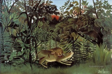 León Painting - El león hambriento atacando a un antílope Le lion ayant faim se jette sur antilope Henri Rousseau